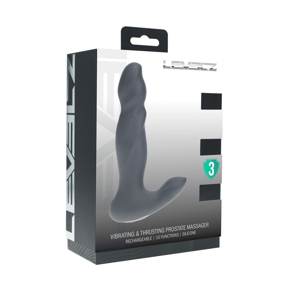 LEVELZ Vibrating & Thrusting Silicone Prostate Massager - 14.7 cm USB Rechargeable Thrusting Prostate Massager packaging.