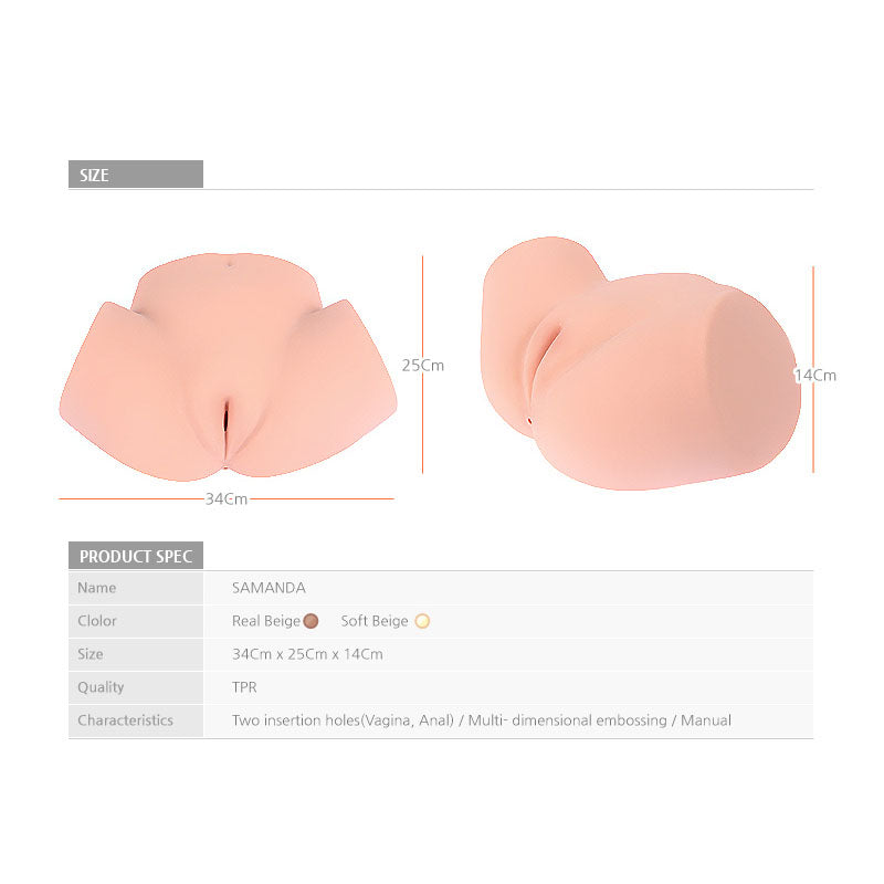Kokos Big Hip Samanda -  Missionary Style Masturbator dimensions and specifications showcasing soft beige material and structure.