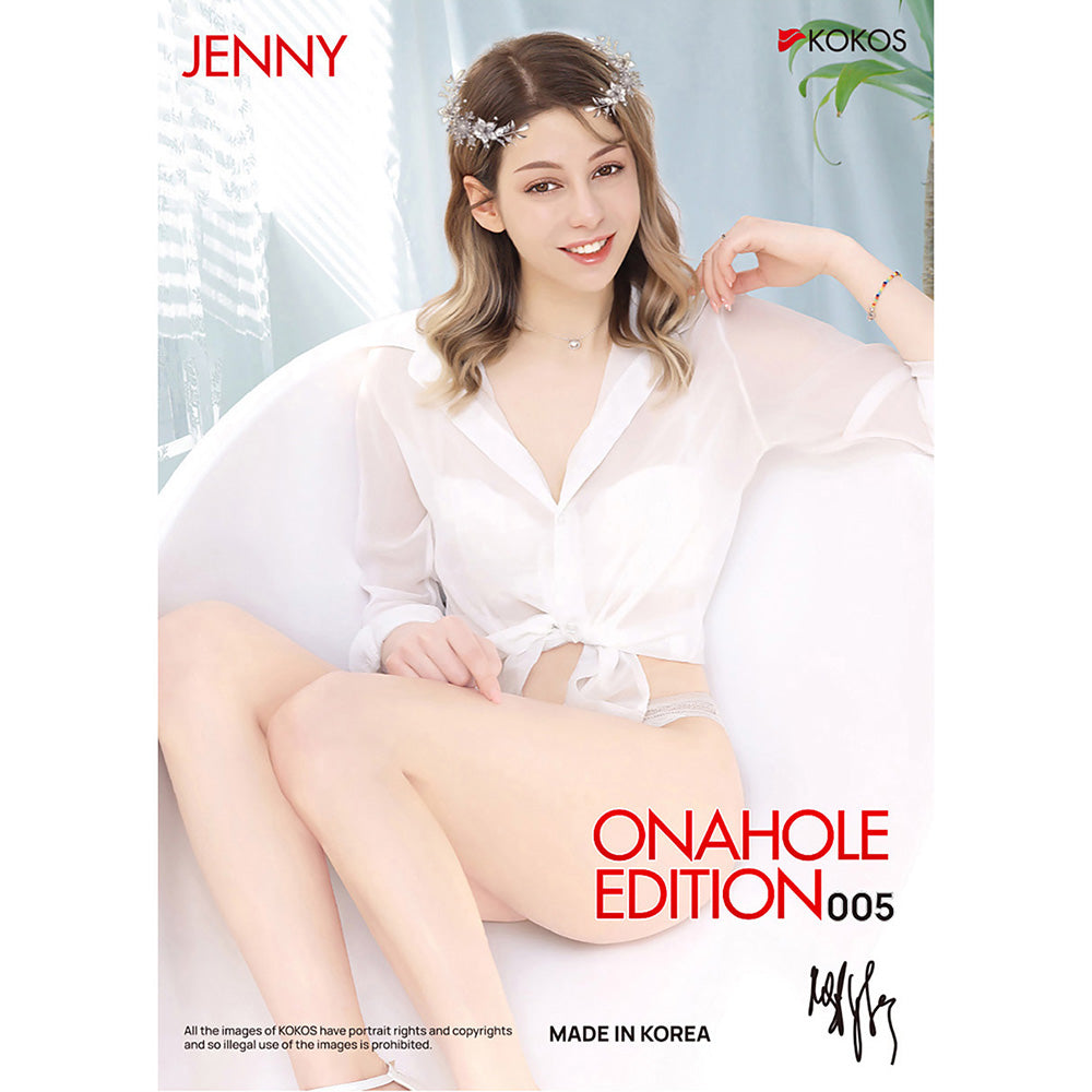 Kokos Jenny Onahole 005 -  Dual Layer Vagina Stroker featuring a model in a sheer white outfit with a floral hair accessory.