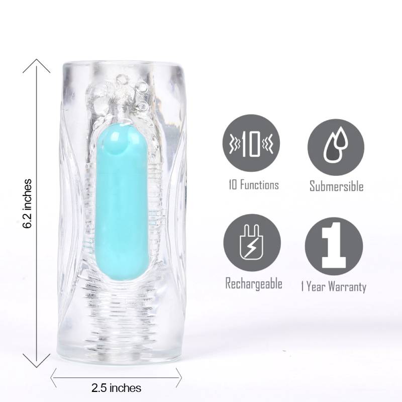 Maia Aster - Vibrating Stroker Sleeve showcasing 10 functions, submersible design, and rechargeable features.