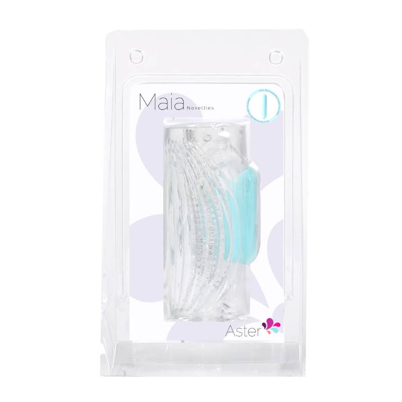 Maia Aster -  Vibrating Stroker Sleeve in clear packaging showcasing ribbed design.