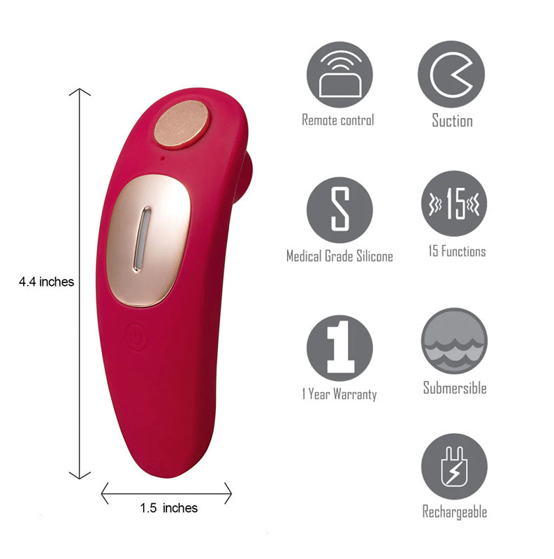 Maia Remi -  USB Rechargeable Panty Vibe with Suction features remote control, suction, 15 functions, and medical grade silicone.