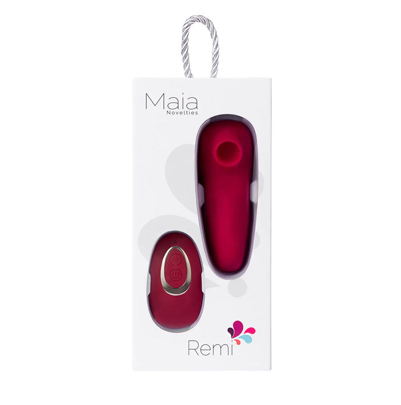 Maia Remi -  USB Rechargeable Panty Vibe with Suction in packaging, showcasing its design and remote control.
