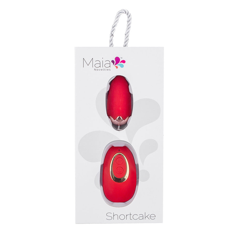 Maia SHORTCAKE -  USB Rechargeable Vibrating Egg with Wireless Remote in red packaging on display.