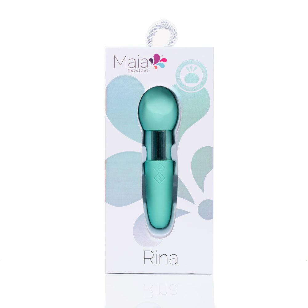 Maia RINA - Teal - Teal 13.3 cm USB Rechargeable Vibrator packaging with a sleek design and branding.