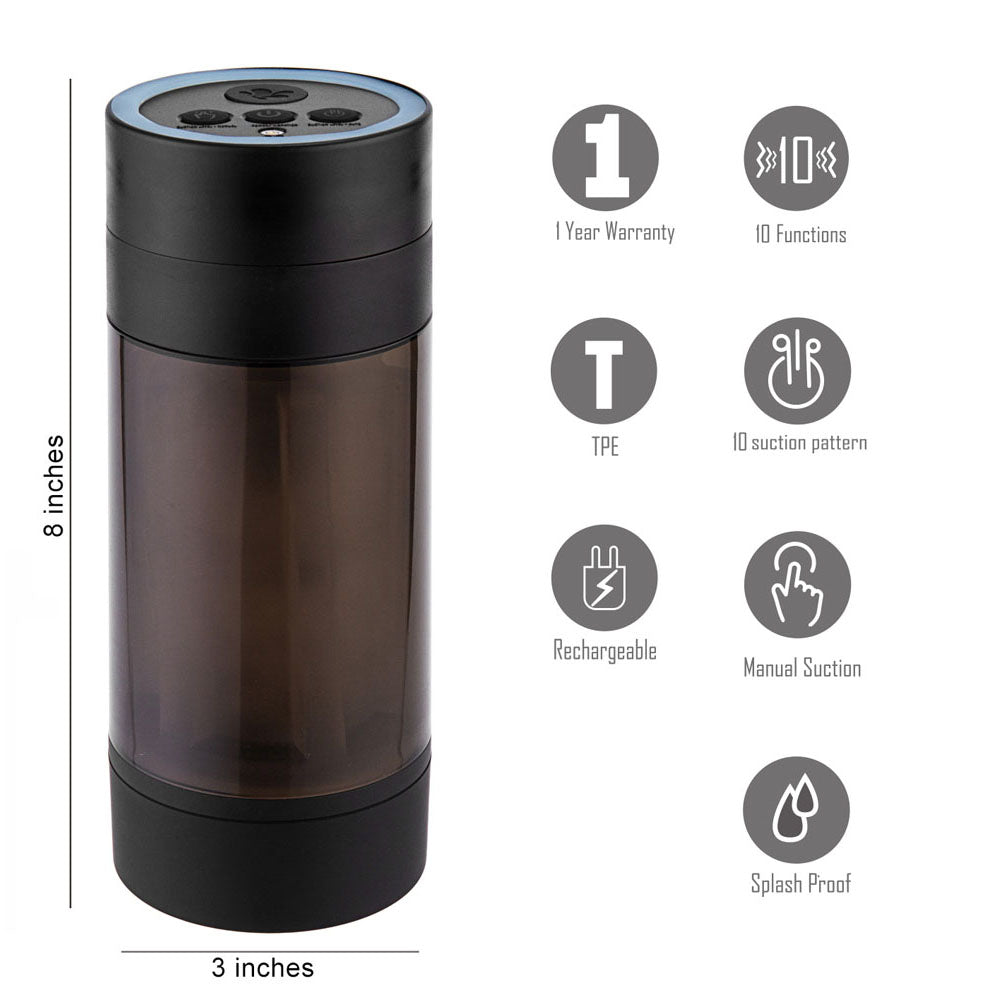 Maia ACE - USB Rechargeable Sucking Masturbator features 10 functions, manual suction, and splash-proof design.