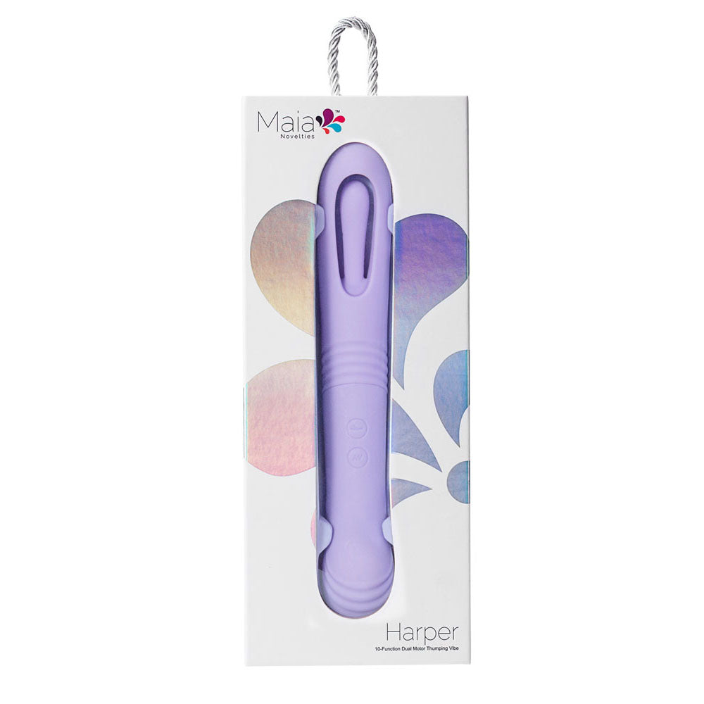 Maia HARPER - 24.1 cm USB Rechargeable Vibrator in packaging, showcasing its sleek design and dual motor features.