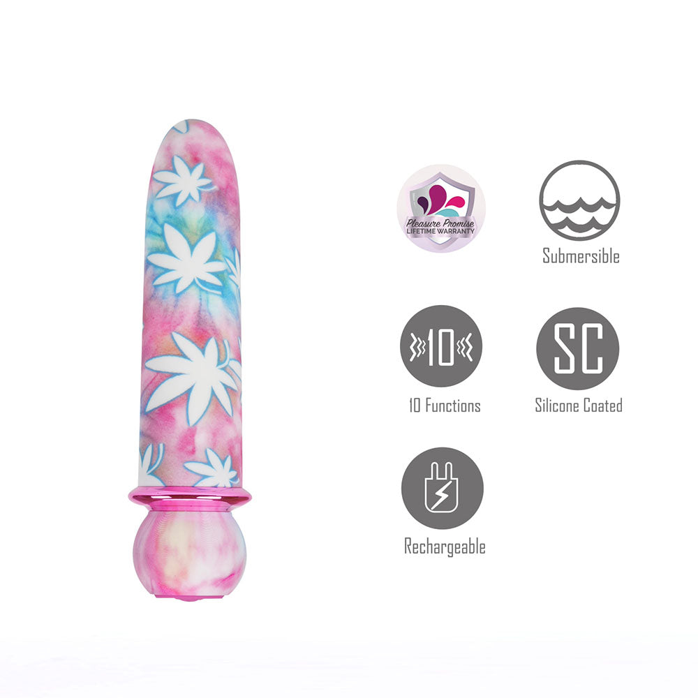 Maia JAGUAR 420 Tie Die - 420 Tie Die 10.1 cm USB Rechargeable Bullet with floral design and features.