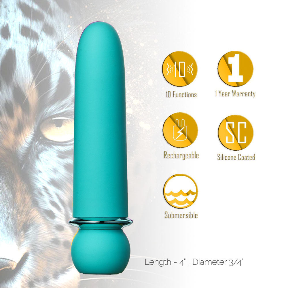 Maia JAGUAR -  -  10.1 cm USB Rechargeable Bullet showcasing its features, including 10 functions and silicone coating.