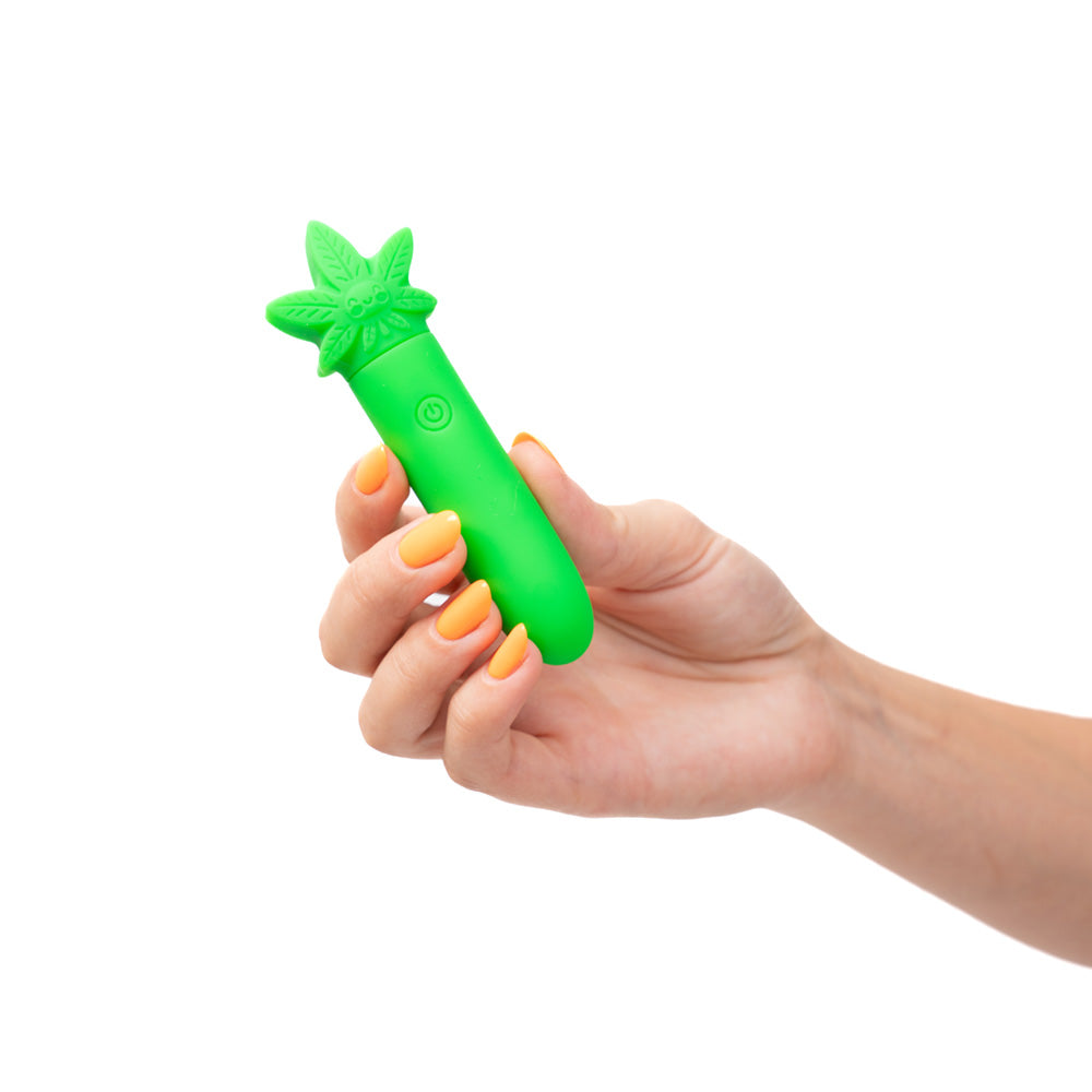 Maia STONI - 420  11.1 cm USB Rechargeable Bullet in hand, showcasing vibrant green silicone design.