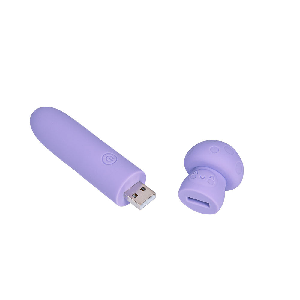 Maia HAPPI - 11.1 cm USB Rechargeable Bullet in lavender, featuring a removable cap for USB charging.