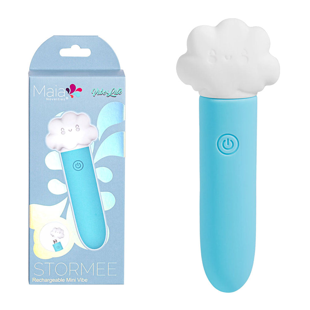 Maia STORMEE -  11.1 cm USB Rechargeable Bullet with cloud design packaging and blue body, perfect for intimate essentials for her.