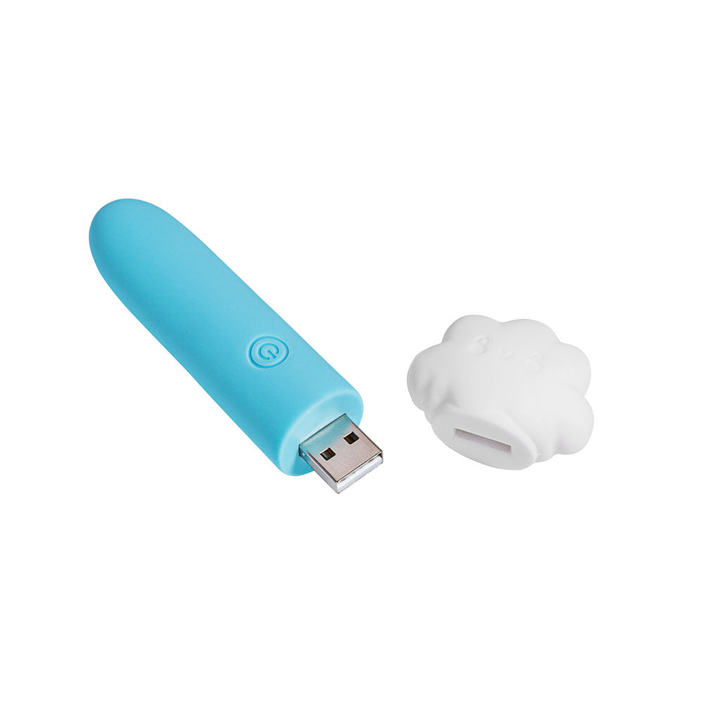 Maia STORMEE -  11.1 cm USB Rechargeable Bullet in blue, with cap removed to show USB connector.