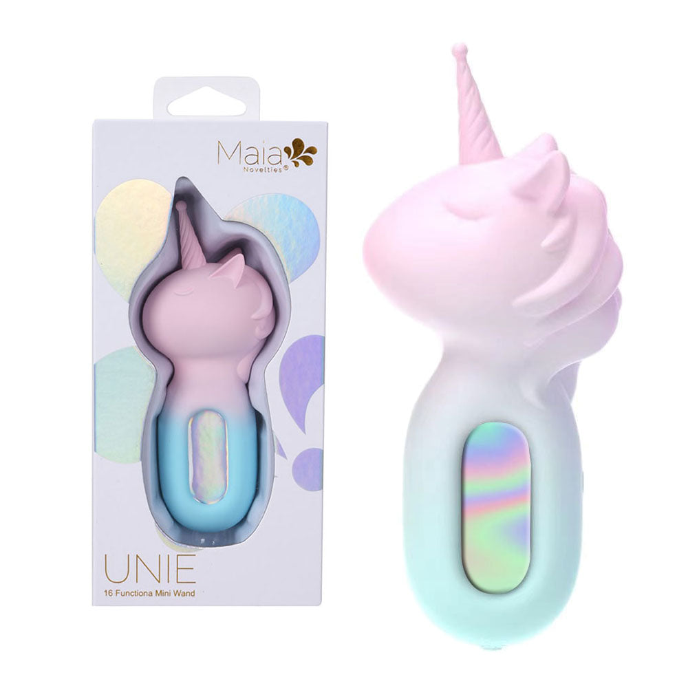 Maia UNIE - Pink/Blue USB Rechargeable Unicorn Wand packaging and product image featuring a cute unicorn design.