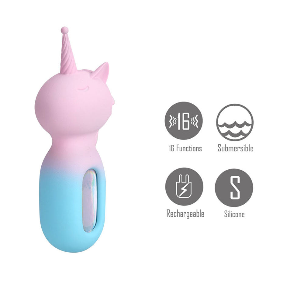 Maia UNIE - Pink/Blue USB Rechargeable Unicorn Wand showcasing 16 functions, silicone design, and submersible features.