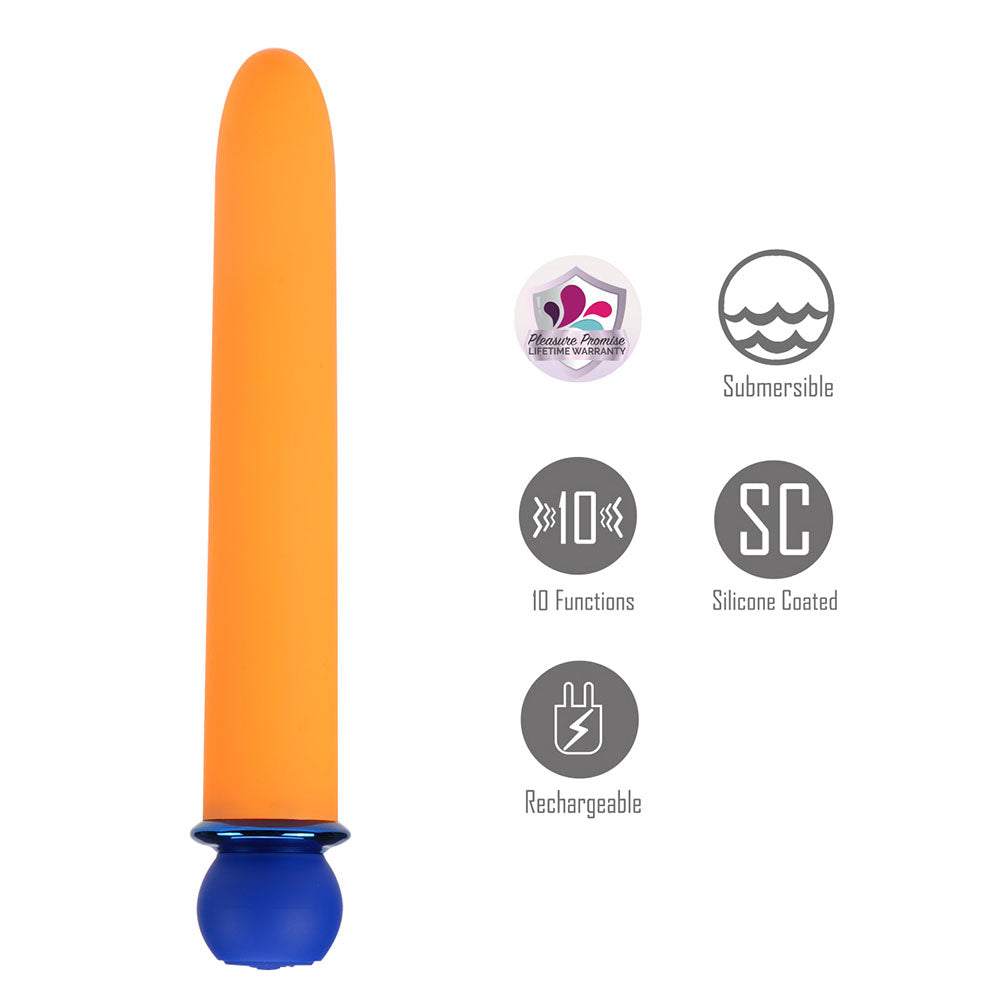 Maia RORI - Orange - Orange 15.2 cm USB Rechargeable XL Bullet features 10 functions and silicone coating for a luxurious experience.
