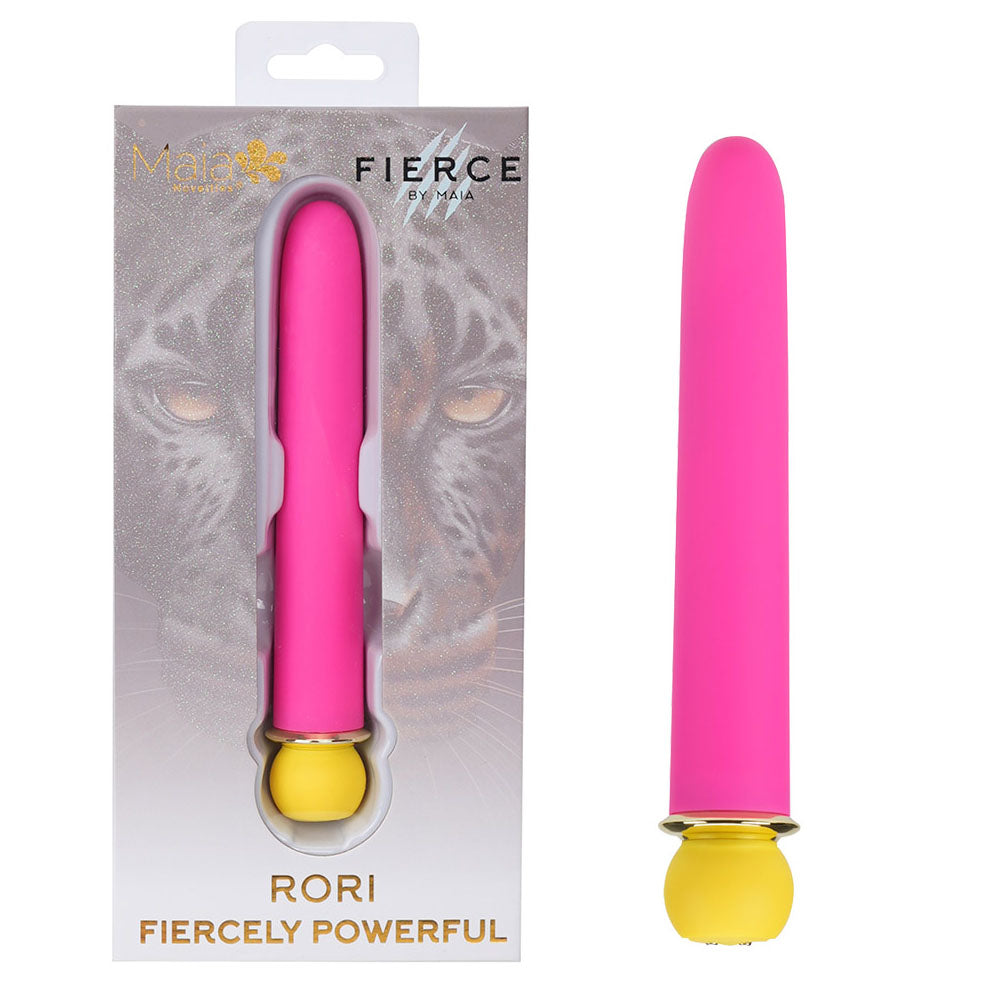 Maia RORI -  -  15.2 cm USB Rechargeable XL Bullet in pink packaging, showcasing its sleek design and golden details.