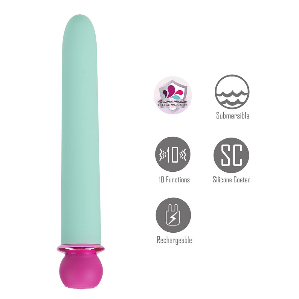 Maia RORI - Teal - Teal 15.2 cm USB Rechargeable XL Bullet with 10 functions, silicone coating, and rechargeable feature.