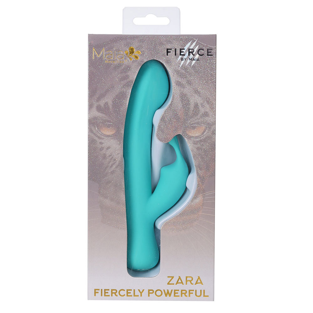 Maia ZARA - Teal - Teal 17.1 cm USB Rechargeable Rabbit Vibrator in packaging with sleek design.