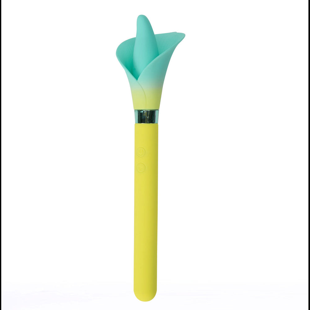 Maia VALA -  - /Green 22.2 cm USB Rechargeable Flower Vibrator in teal and yellow with soft silicone petals.
