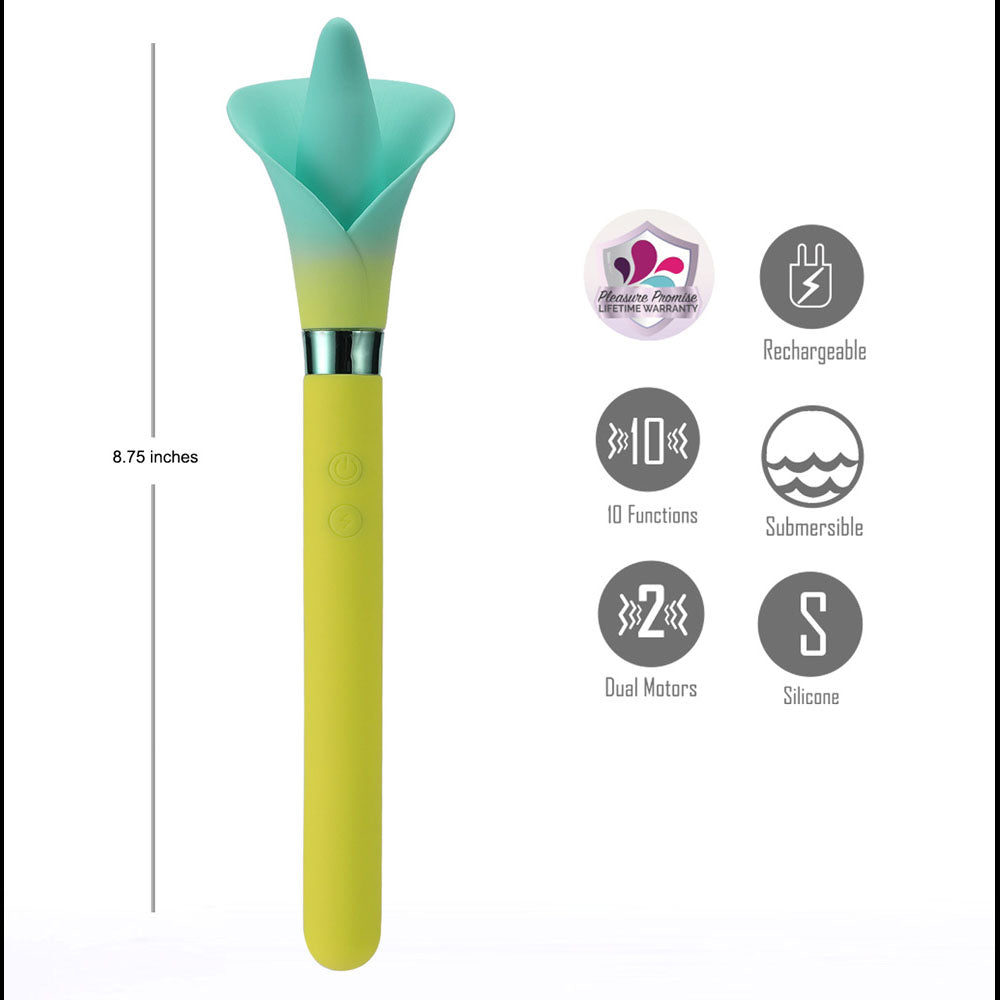 Maia VALA -  - /Green 22.2 cm USB Rechargeable Flower Vibrator features dual motors and 10 functions for personalized pleasure.