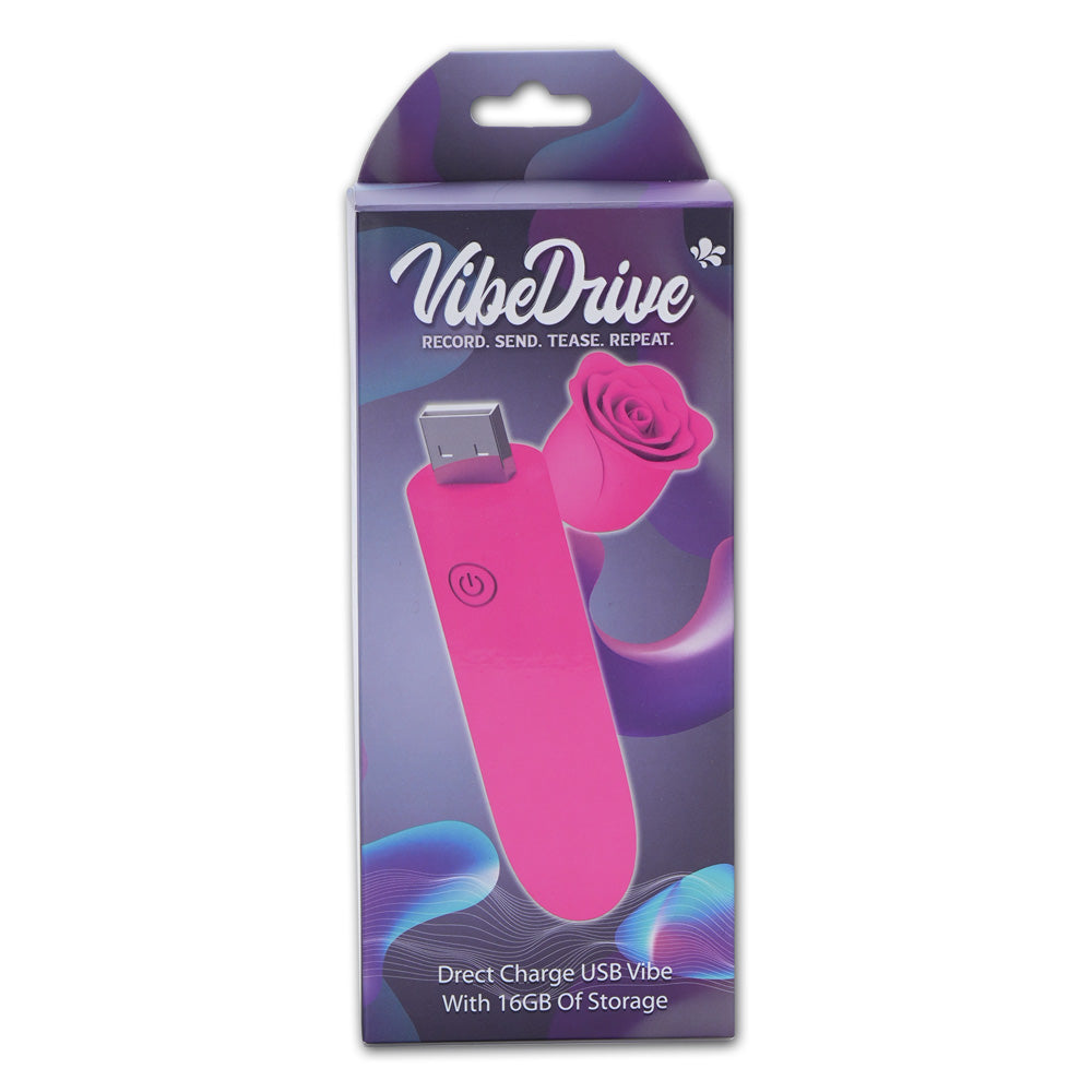 Maia VIBEDRIVE -  - 10 cm USB Rechargeable Bullet with 16 GB Storage packaging featuring a pink vibe and rose design.