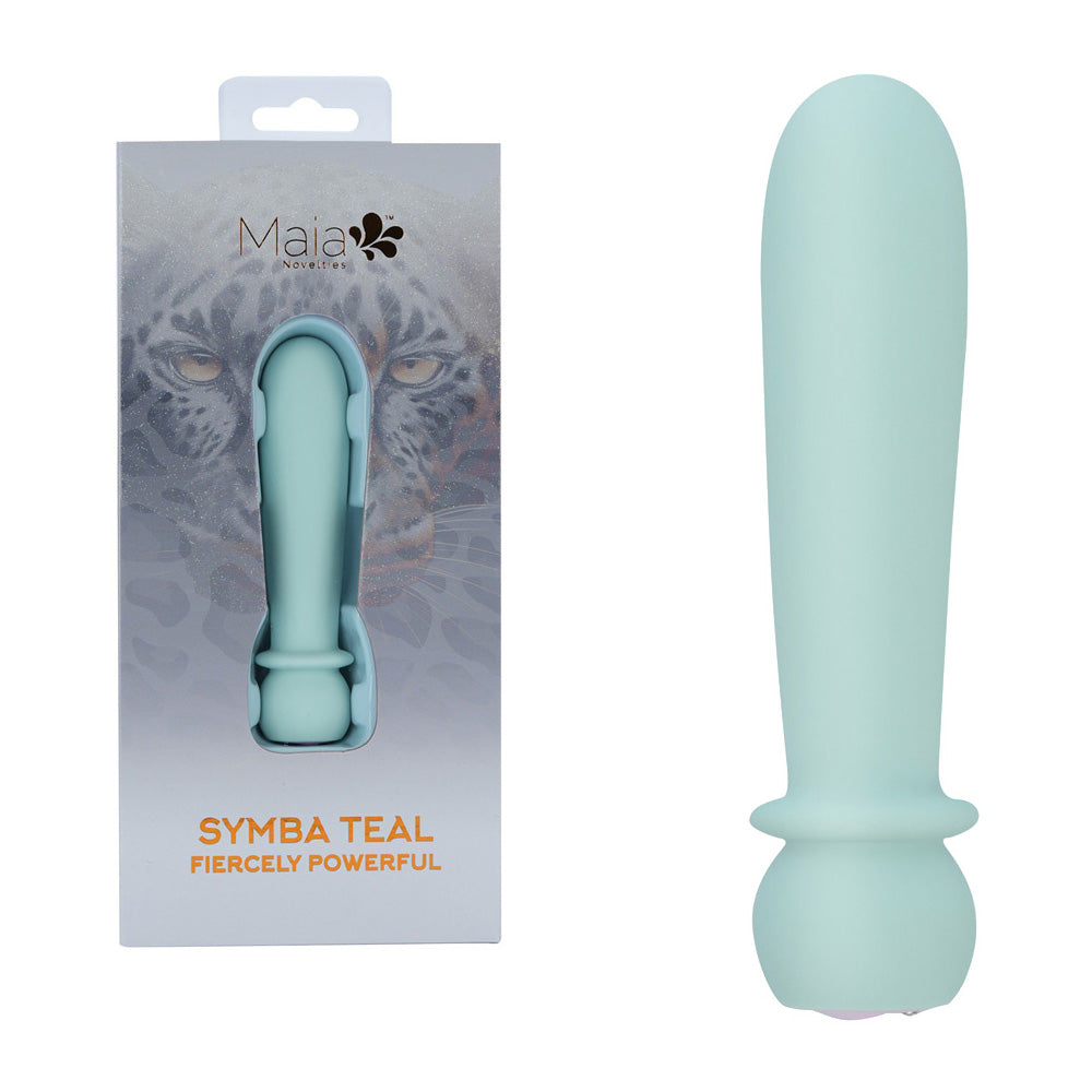 Maia SYMBA - Teal - Teal 10.8 cm USB Rechargeable Powerful Bullet next to its packaging.