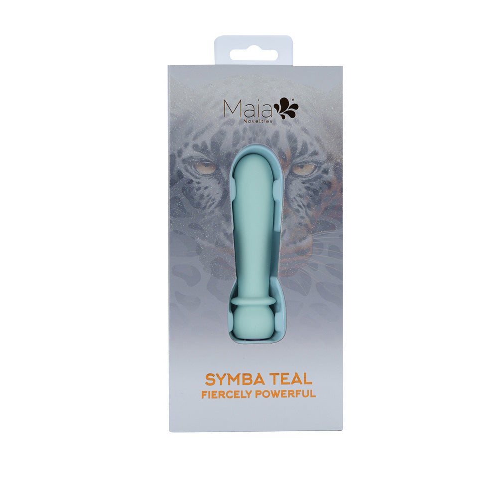 Maia SYMBA - Teal - Teal 10.8 cm USB Rechargeable Powerful Bullet packaging with sleek design and branding.
