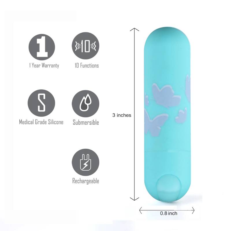 Maia Julia - Teal 7.6 cm USB Rechargeable Bullet showing features like 10 functions, medical grade silicone, and rechargeability.