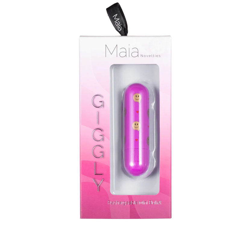 Maia Giggly -  7.6 cm USB Rechargeable Bullet packaging displaying a soft pink design and smiling icons.