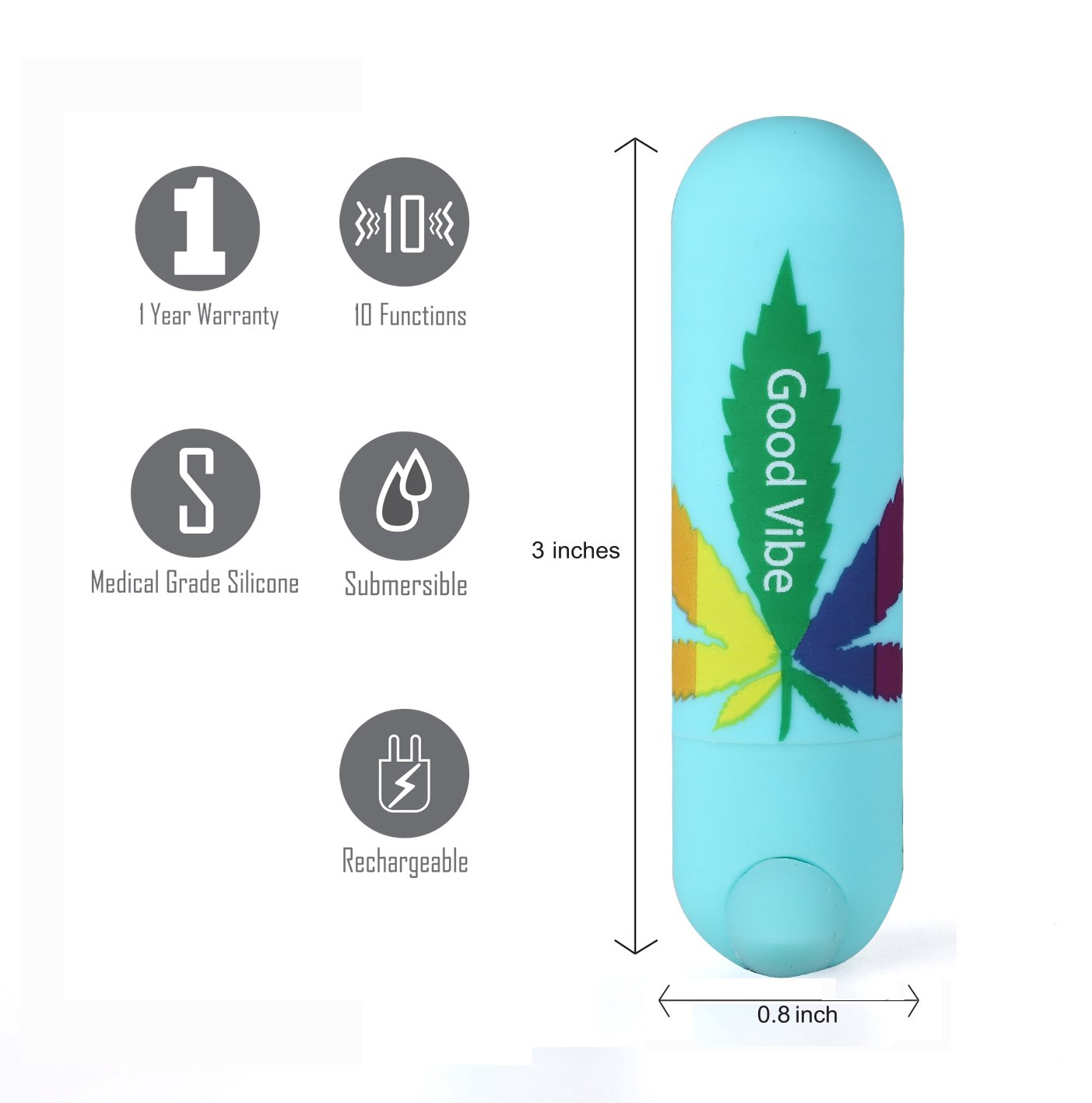 Maia Jessi 420 - Teal 7.6 cm USB Rechargeable Bullet with hemp leaf print, showing features and dimensions.