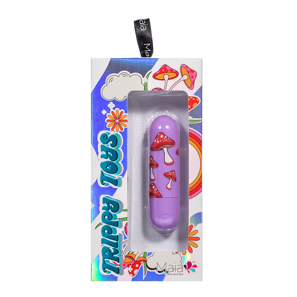 Maia JESSI Trippy - Lavender 7.6 cm USB Rechargeable Bullet in colorful packaging with mushroom print.