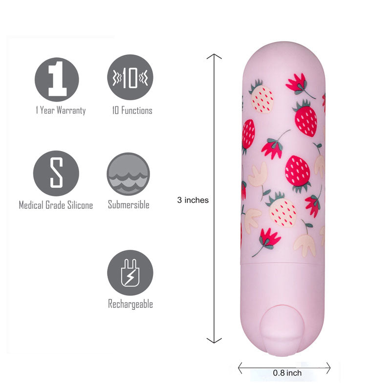 Maia Bari - Baby 7.6 cm USB Rechargeable Bullet with strawberry design, 10 functions, made of medical grade silicone.