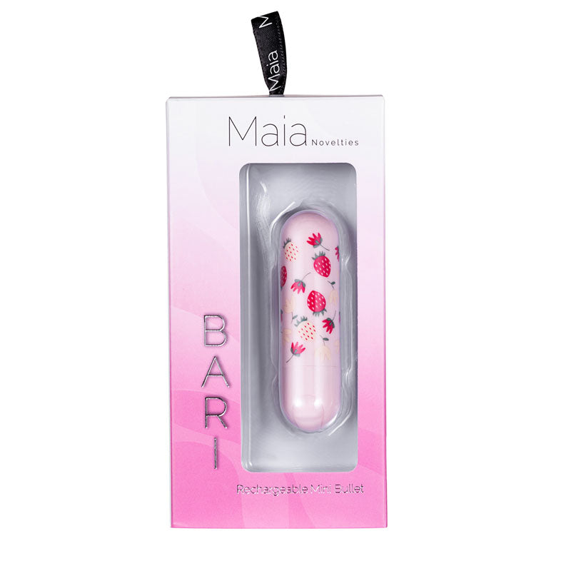 Maia Bari - Baby 7.6 cm USB Rechargeable Bullet packaging with colorful strawberry design.