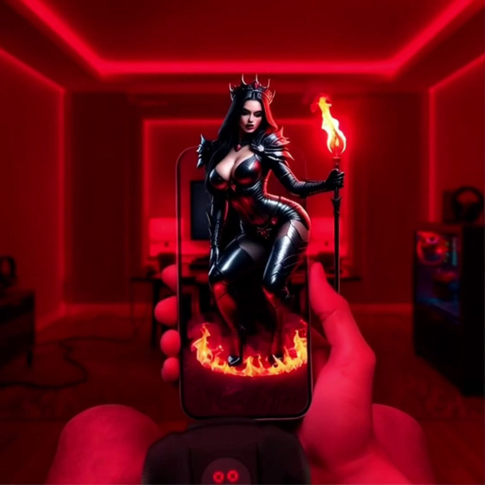 MASTURS Raven - USB Rechargeable Vibrating and Sucking Auto Stroker with Augmented Reality depicting a seductive witch in a dark setting.