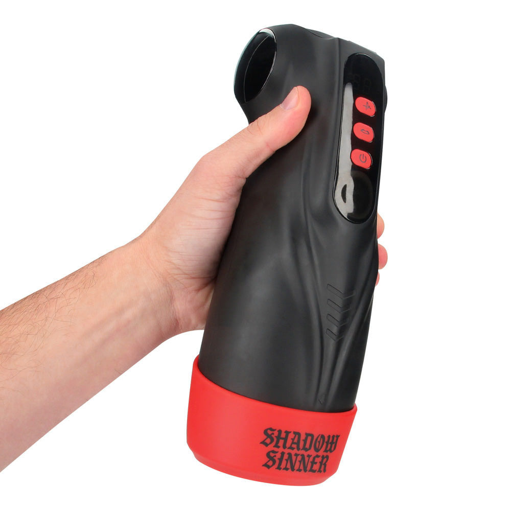 MASTURS Raven - USB Rechargeable Vibrating and Sucking Auto Stroker with Augmented Reality in hand