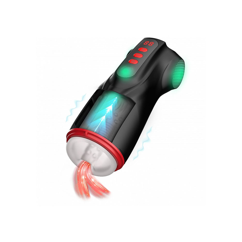 MASTURS Raven - USB Rechargeable Vibrating and Sucking Auto Stroker with Augmented Reality in a sleek design.