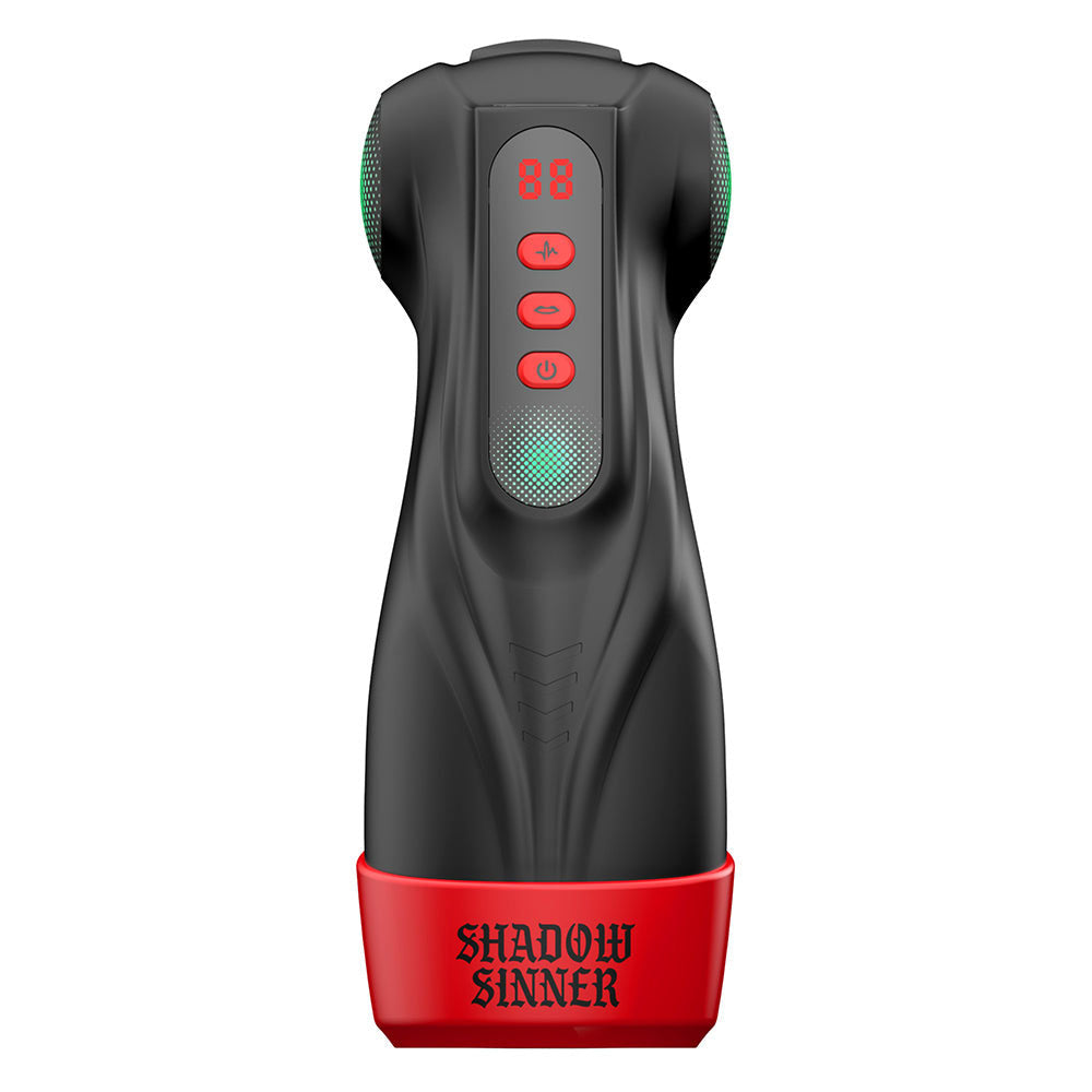 MASTURS Raven - USB Rechargeable Vibrating and Sucking Auto Stroker with Augmented Reality product image, featuring control buttons and sleek design.