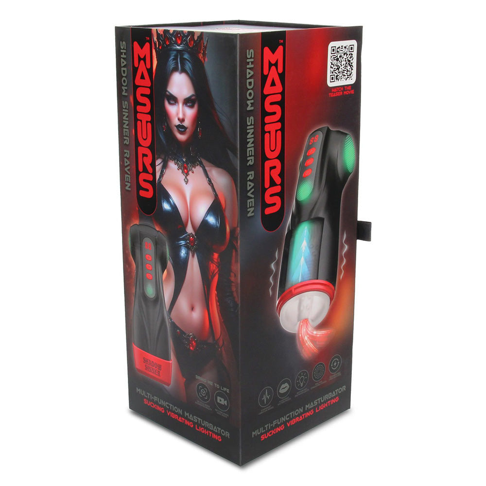 MASTURS Raven - USB Rechargeable Vibrating and Sucking Auto Stroker with Augmented Reality packaging image.