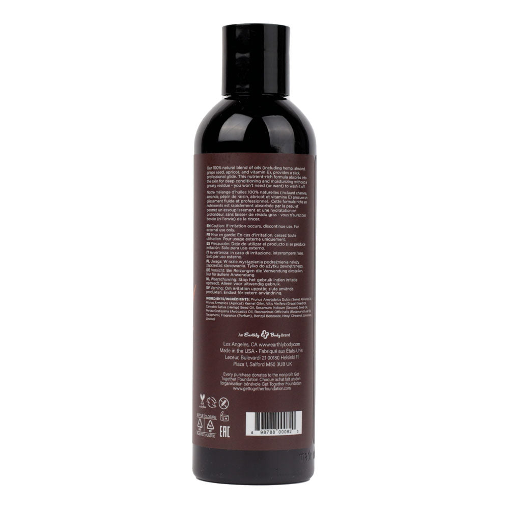Hemp Seed Massage & Body Oil - Dreamsicle (Tangerine & Plum) Scented - 237 ml Bottle, back label details.
