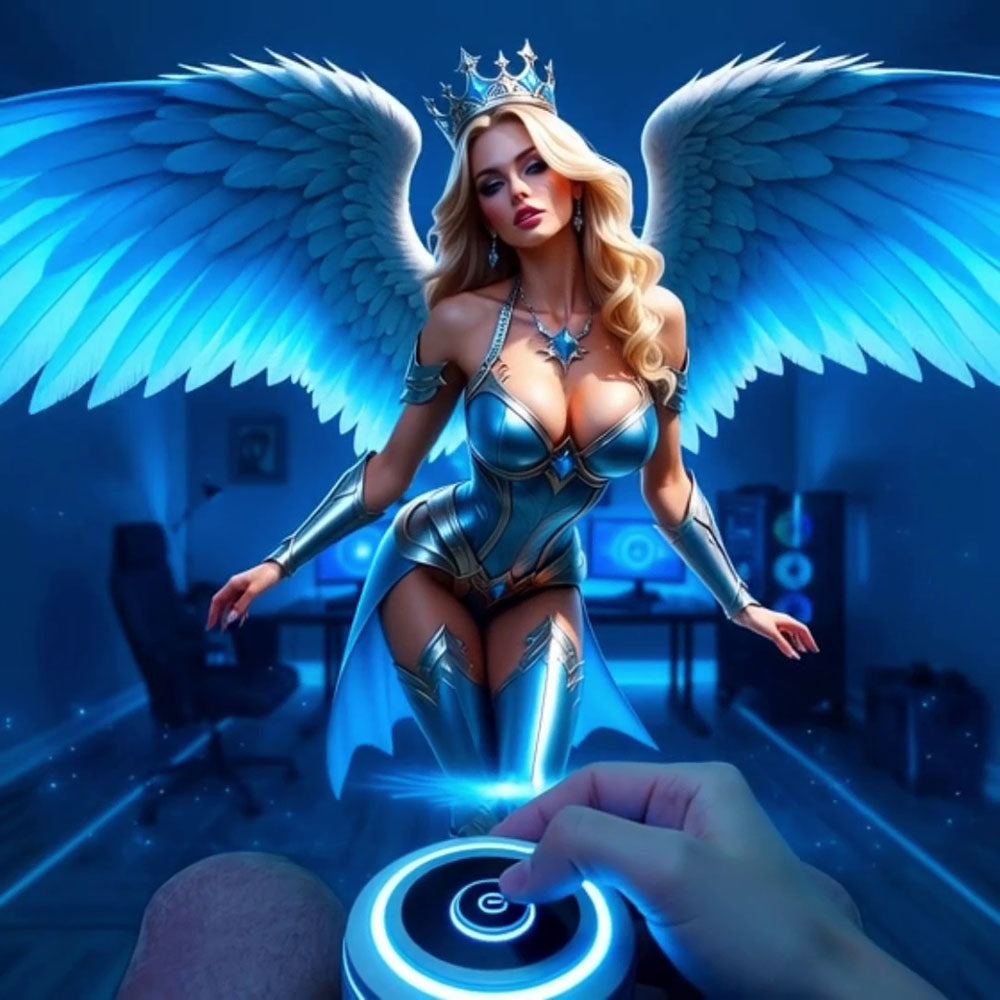 MASTURS Eloa - USB Rechargeable Sucking & Vibrating Auto Stroker with Augmented Reality, featuring a stunning angelic figure.