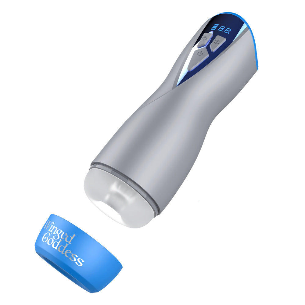 MASTURS Eloa - USB Rechargeable Sucking & Vibrating Auto Stroker with Augmented Reality shown with removable cap.