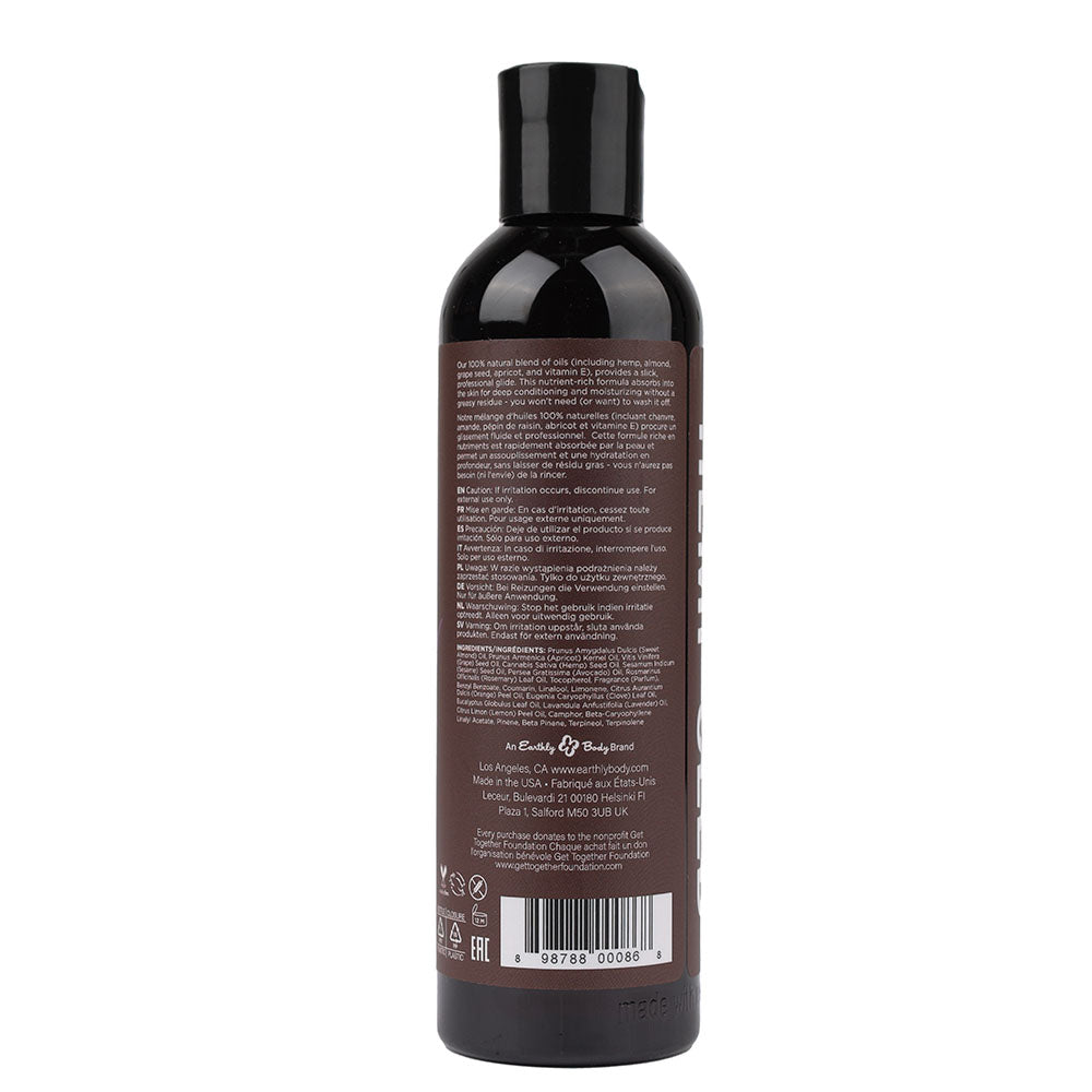 Hemp Seed Massage & Body Oil - Lavender Scented - 237 ml Bottle back view showing ingredients and details.