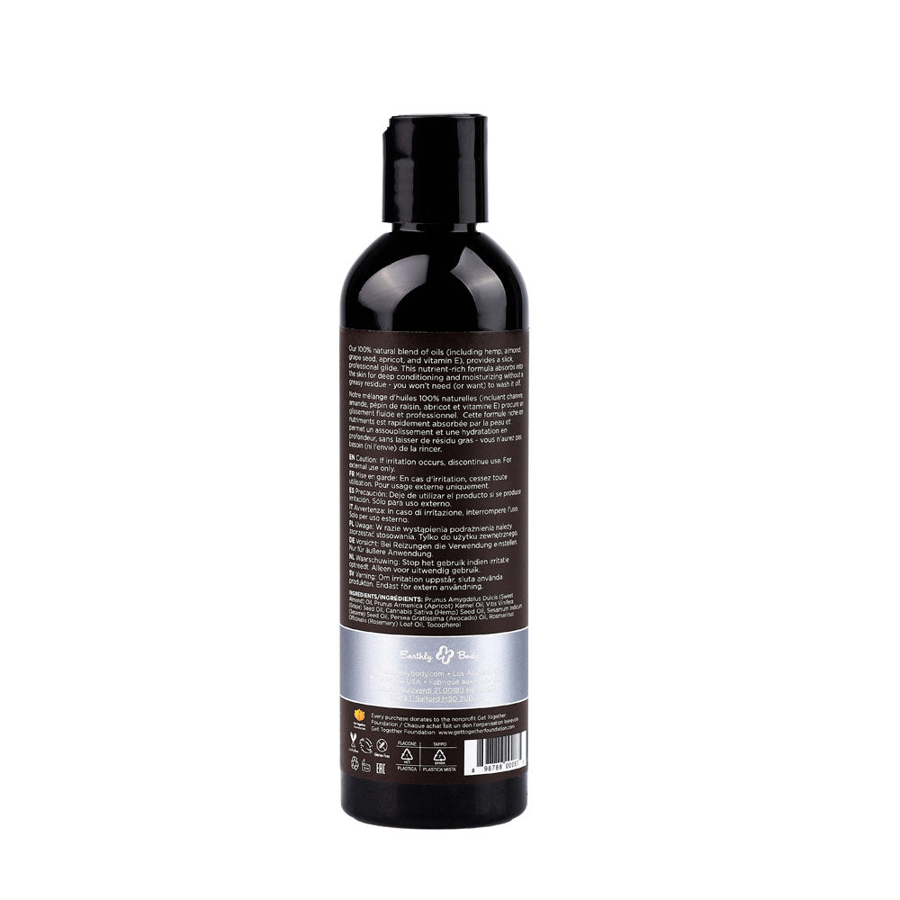 Hemp Seed Massage & Body Oil - Unscented - 237 ml Bottle with detailed label information on the back.