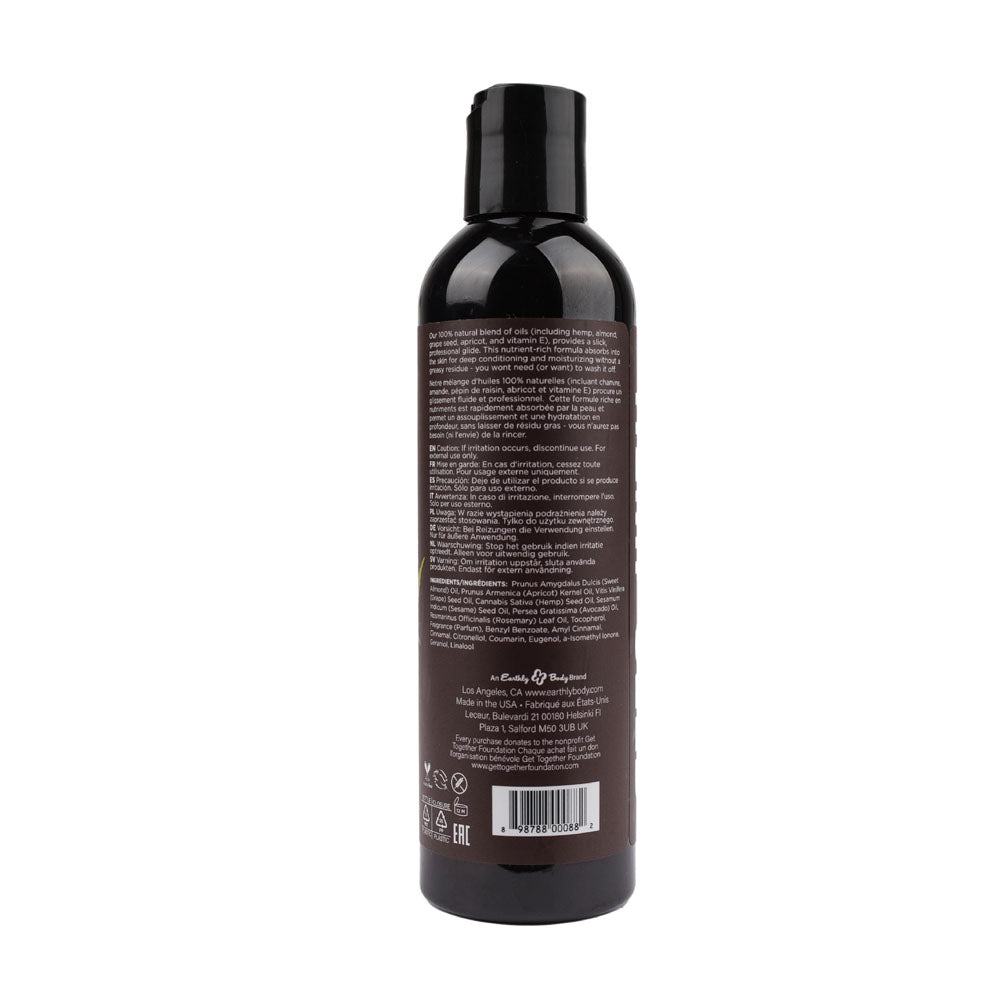 Hemp Seed Massage & Body Oil - Nag Champa (East Indian Incense) Scented - 237 ml Bottle, back view with product information.