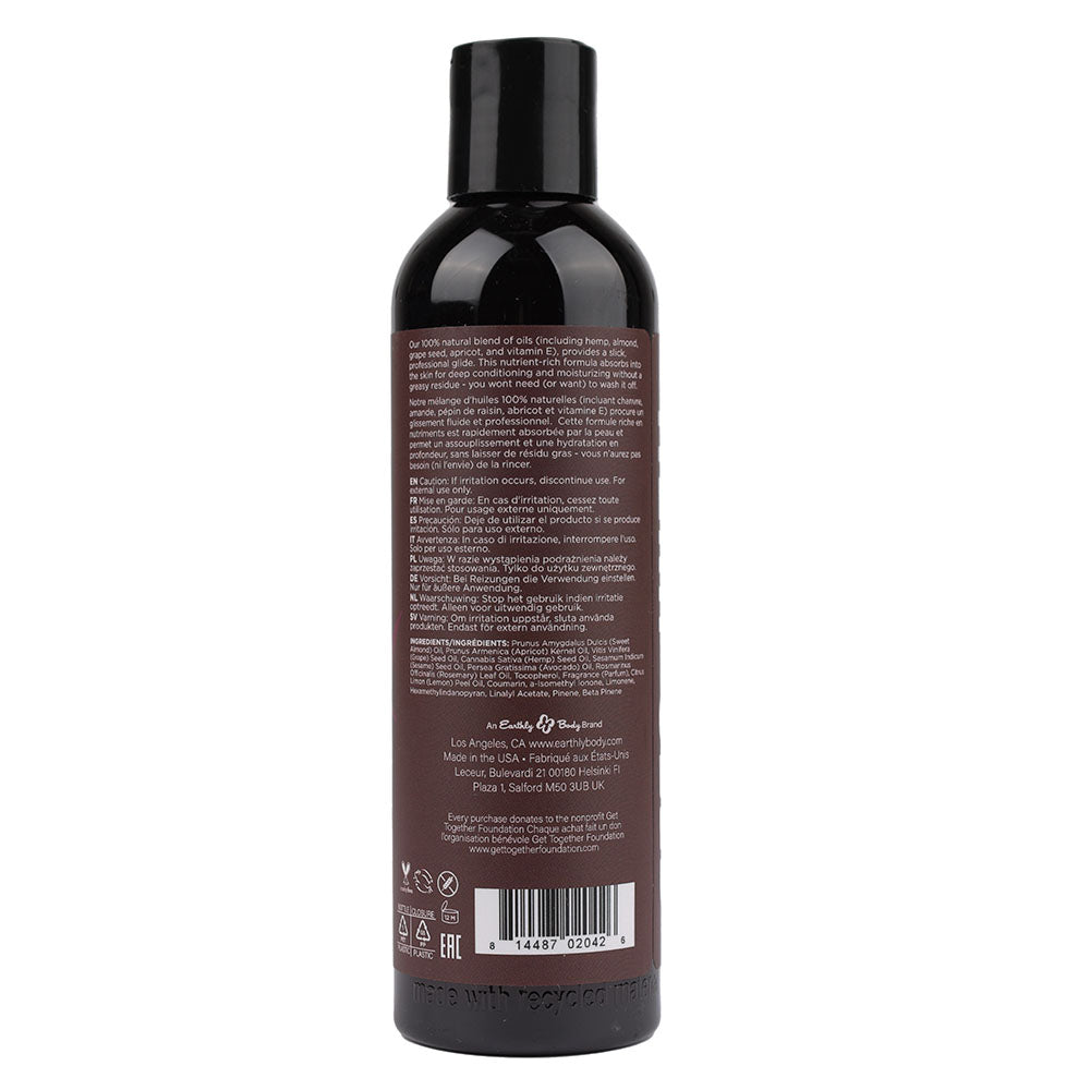 Hemp Seed Massage & Body Oil - Skinny Dip (Vanilla & Fairy Floss) Scented - 237 ml Bottle back label with ingredients and instructions.