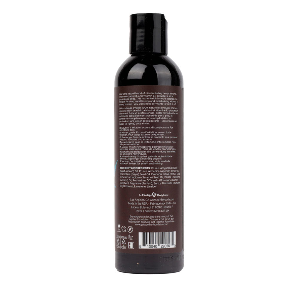 Hemp Seed Massage & Body Oil - Sunsational (Italian Bergamot, Juniper Berries & White Wood) Scented - 237 ml Bottle back label ingredients