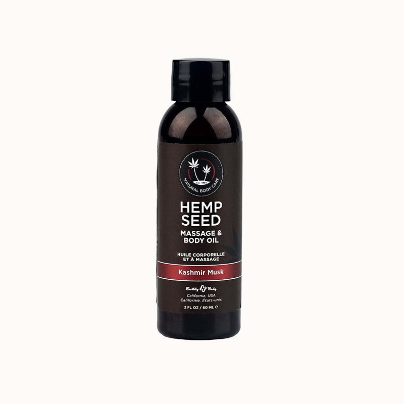 Hemp Seed Massage & Body Oil - Kashmir Musk (Brandy, Magnolia & Vanilla Musk) Scented - 59 ml in a sleek bottle.