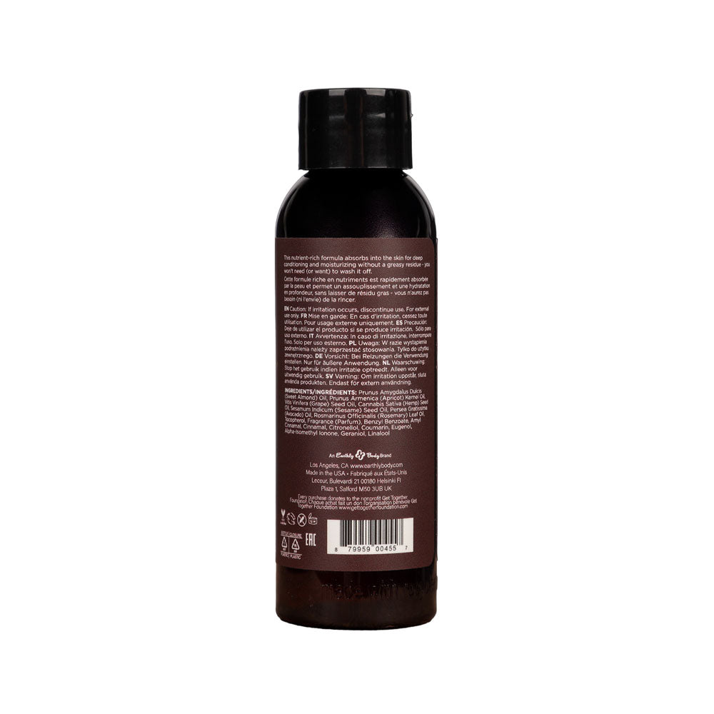 Hemp Seed Massage Oil Nag Champa 59 ml bottle back view showcasing ingredient list and usage directions.