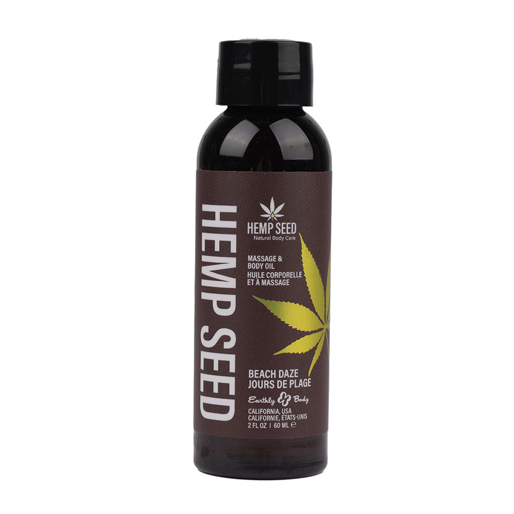 Hemp Seed Massage & Body Oil - Beach Daze (Coconut & Pineapple) Scented - 59 ml Bottle on a white background.